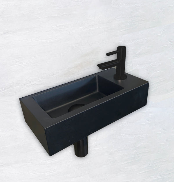 Fonteinset Rhea S mini rechts, kraan, sifon en afvoerplug | 36x18x9cm | Mat zwart