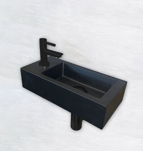 Fonteinset Rhea S mini links, kraan, sifon en afvoerplug | 36x18x9cm | Mat zwart