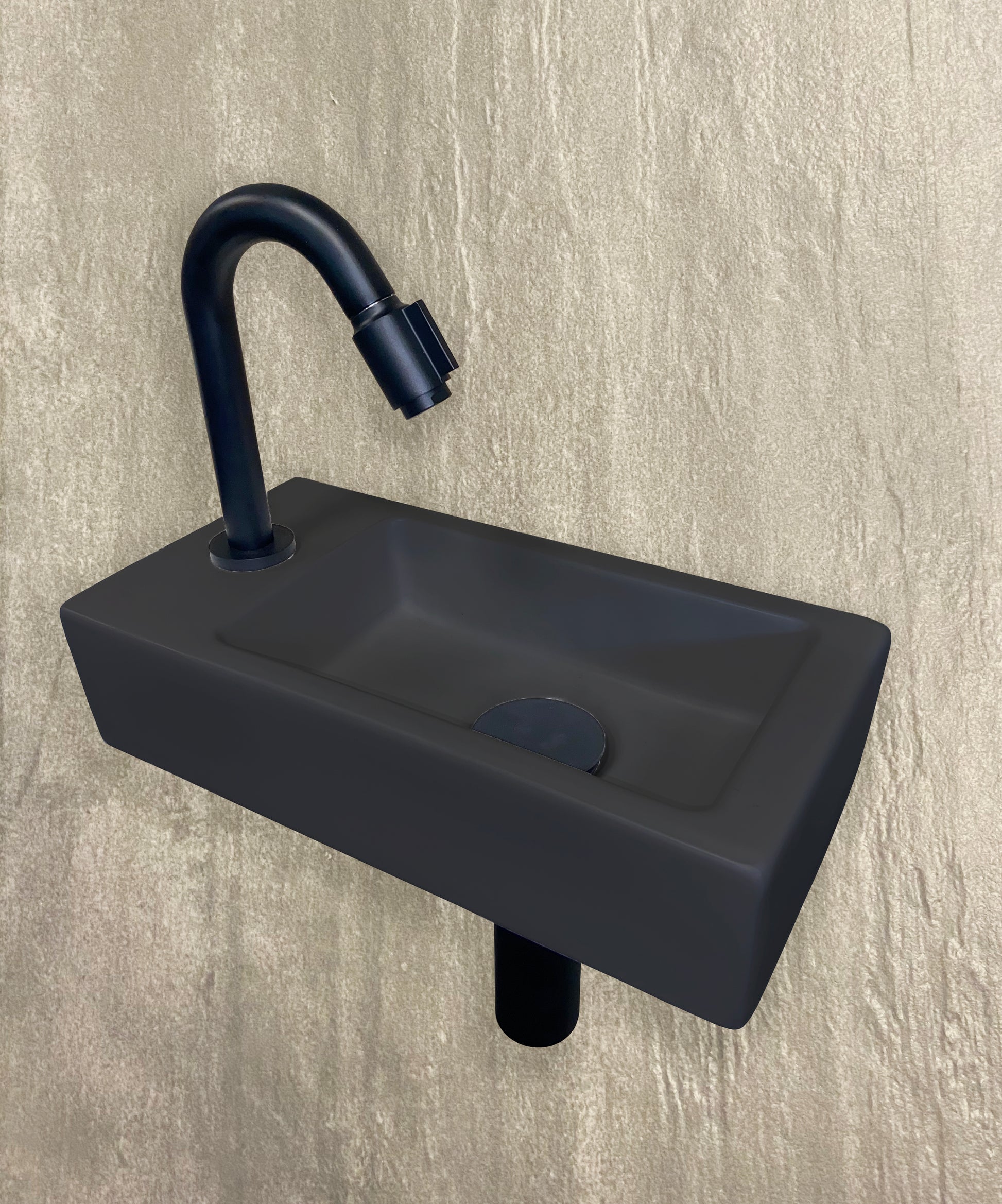 Fonteinset Rhea S mini met fontein links quartz, kraan, sifon en afvoerplug mat zwart - WDtegels