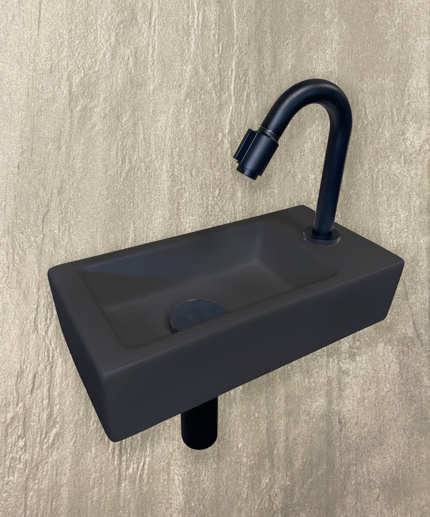 Fonteinset Rhea S mini met fontein rechts quartz, kraan, sifon en afvoerplug mat zwart - WDtegels