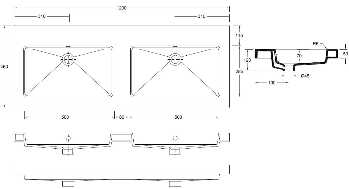 Wiesbaden keramische dub.meubelwastafel 120x46 zond. kr.gaten