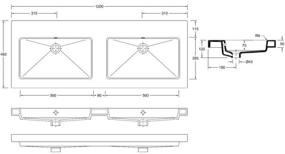 Wiesbaden keramische dub.meubelwastafel 120x46 zond. kr.gaten