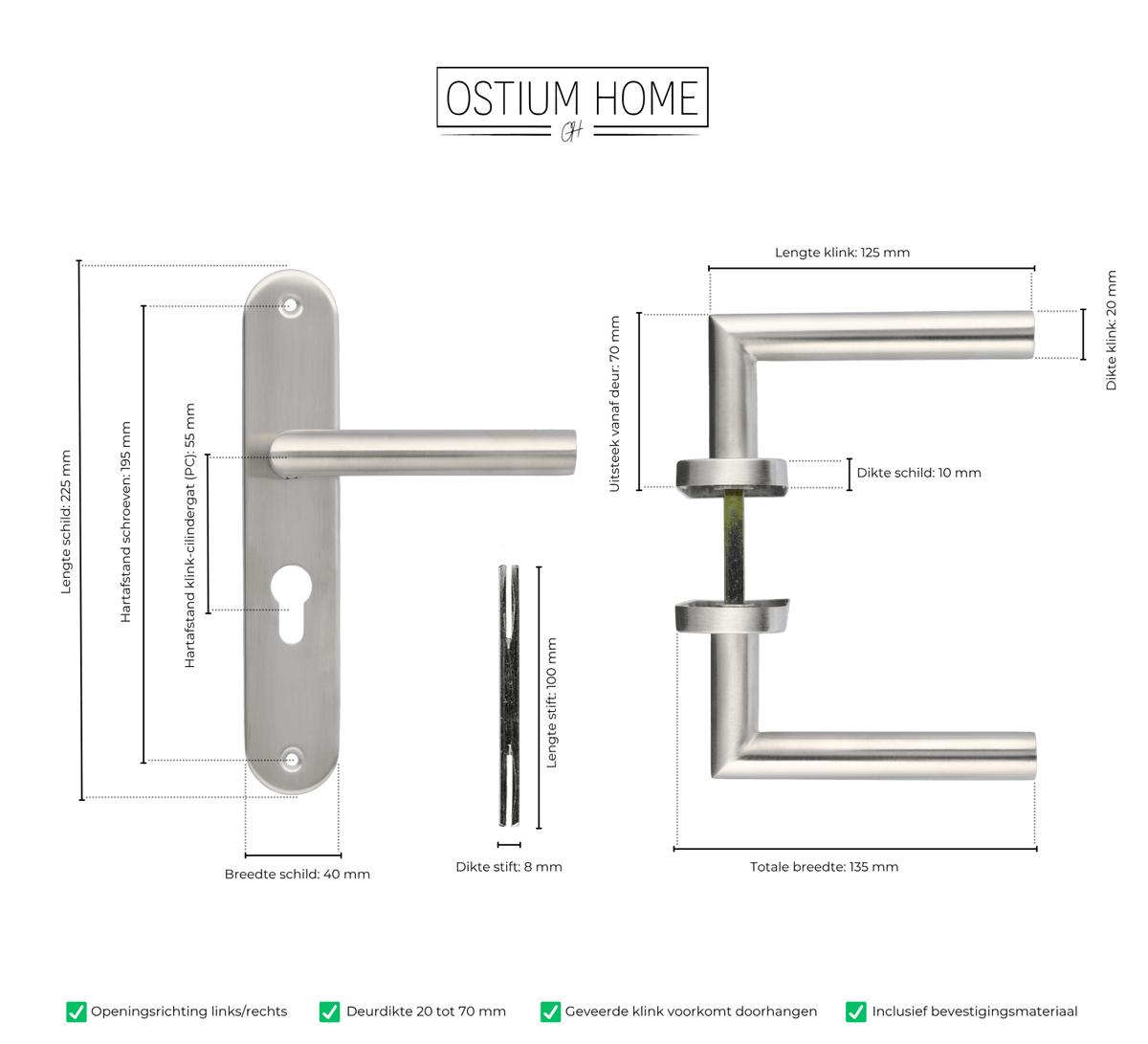 Maattekening van deurklink Volano in RVS met cilindergat 55 mm