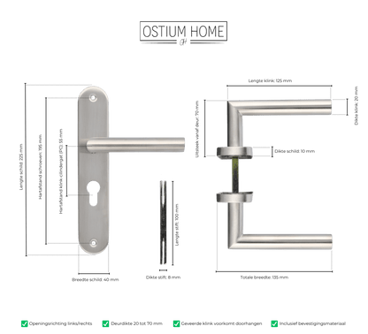 Maattekening van deurklink Volano in RVS met cilindergat 55 mm
