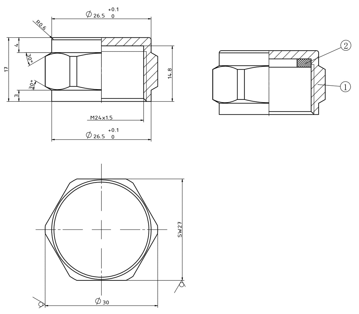 Lijntekening Gaswarteldop M24 binnendraad chroom
