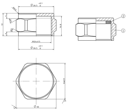 Lijntekening Gaswarteldop M24 binnendraad chroom