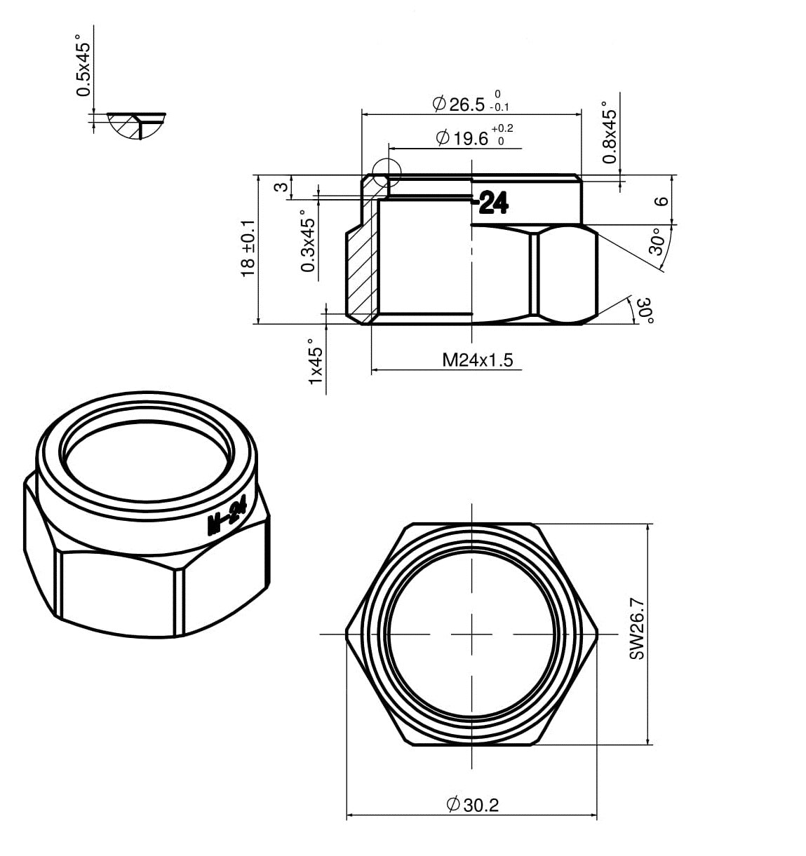 Lijntekening 2-delige koppeling puntstuk 15mm x M-24