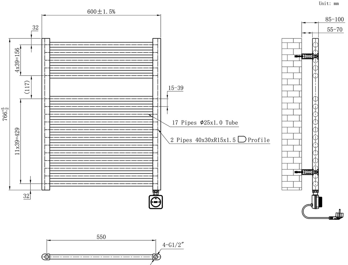Maattekening Elara elektrische radiator Smart WiFi 76,6x60cm geborsteld messing PVD