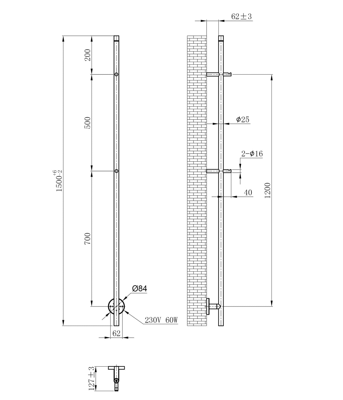 Maattekening Callista elektrische staafhanddoekradiator 60 Watt 150cm geborsteld messing PVD