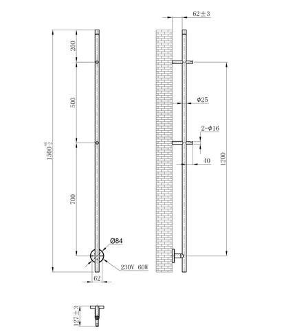 Maattekening Callista elektrische staafhanddoekradiator 60 Watt 150cm geborsteld messing PVD