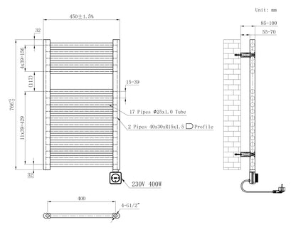 Maattekening Elara elektrische radiator Smart WiFi 76,6x45cm geborsteld messing PVD
