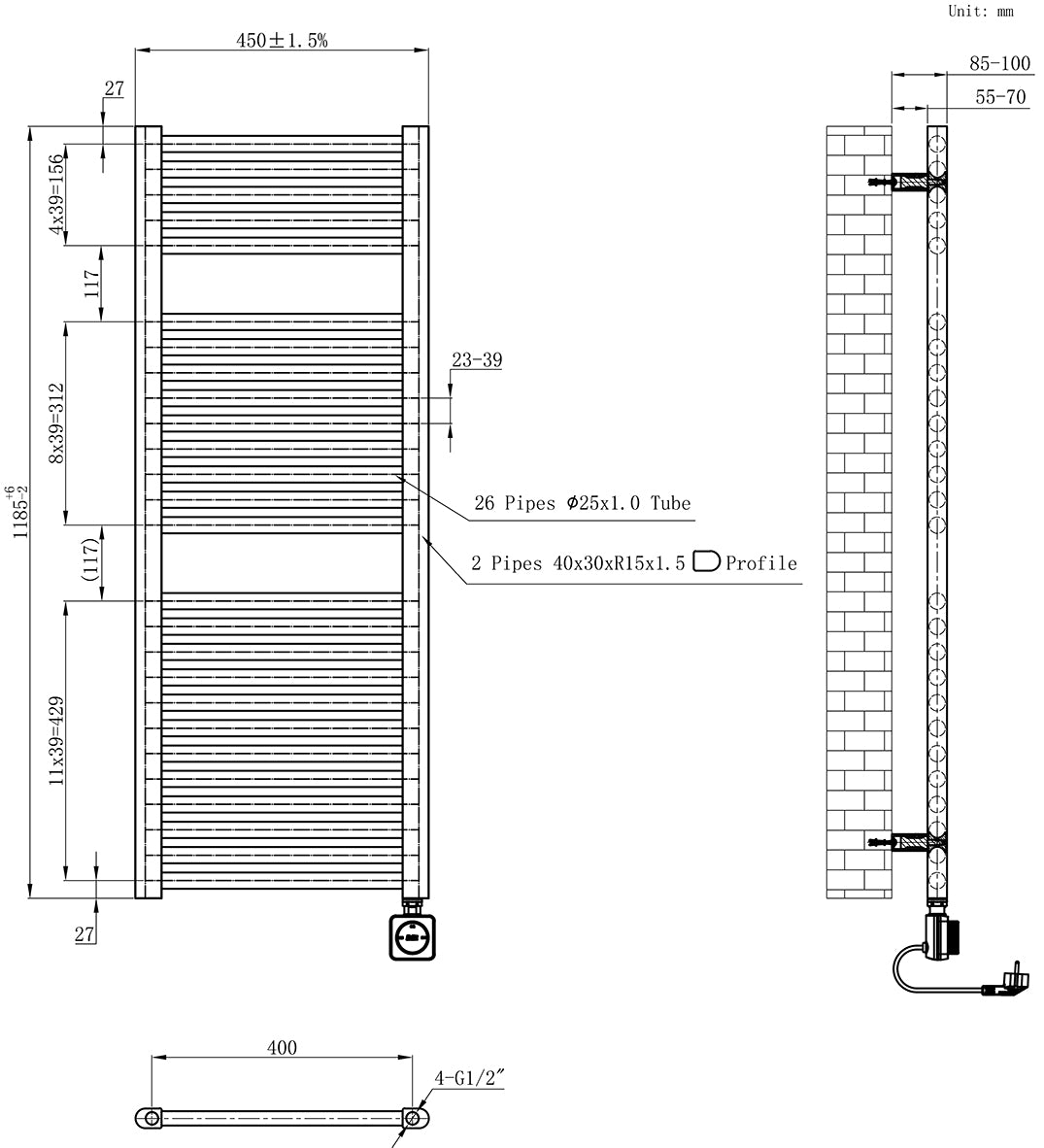 Maattekening Elara elektrische radiator Smart WiFi 118,5x45cm geborsteld messing PVD