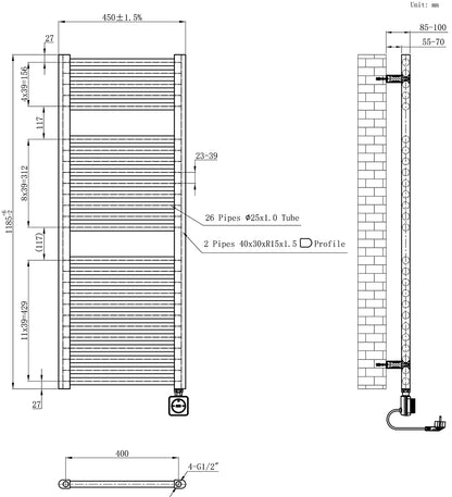 Maattekening Elara elektrische radiator Smart WiFi 118,5x45cm geborsteld brons koper PVD