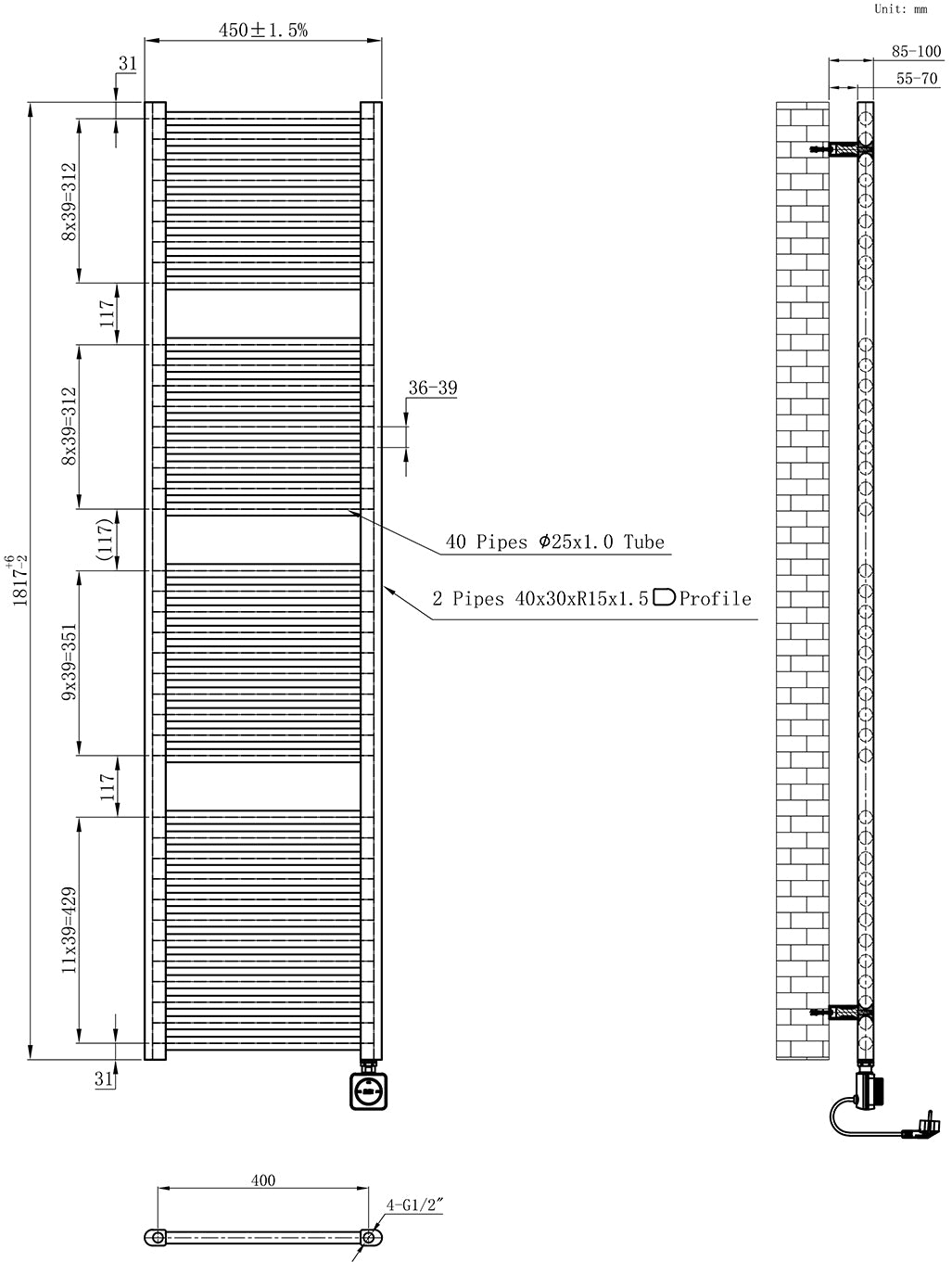 Maattekening Elara elektrische radiator Smart WiFi 181,7x45cm geborsteld brons koper PVD