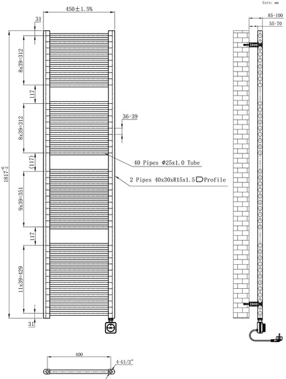 Maattekening Elara elektrische radiator Smart WiFi 181,7x45cm geborsteld brons koper PVD
