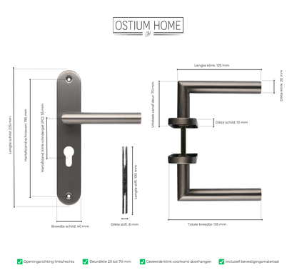 Maattekening van deurklink Torino in gun metal met cilindergat 55 mm
