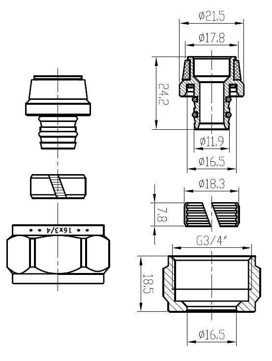 Lijntekening Knelset 3/4 inch x 16x2,0mm chroom
