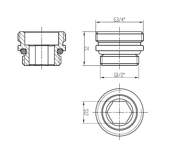 Lijntekening Adaptor midden onderaansluiting 3/4 inch x 1/2 inch chroom
