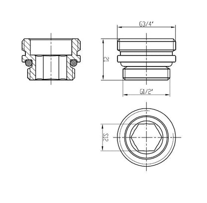 Lijntekening Adaptor midden onderaansluiting 3/4 inch x 1/2 inch chroom