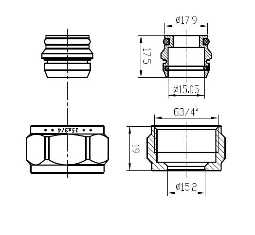 Lijntekening Knelset 3/4 inch x 15mm knel chroom
