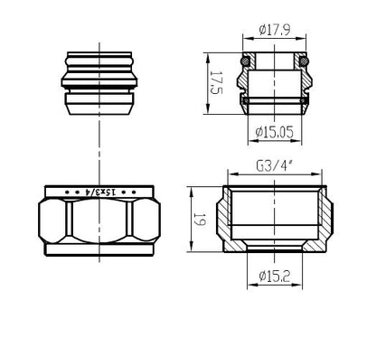 Lijntekening Knelset 3/4 inch x 15mm knel chroom