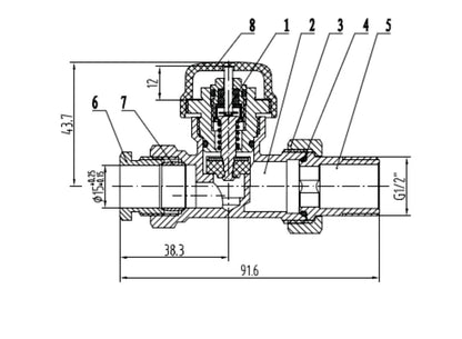 Lijntekening Thermostatisch ventiel zonder knop 1/2 inch recht met adaptor