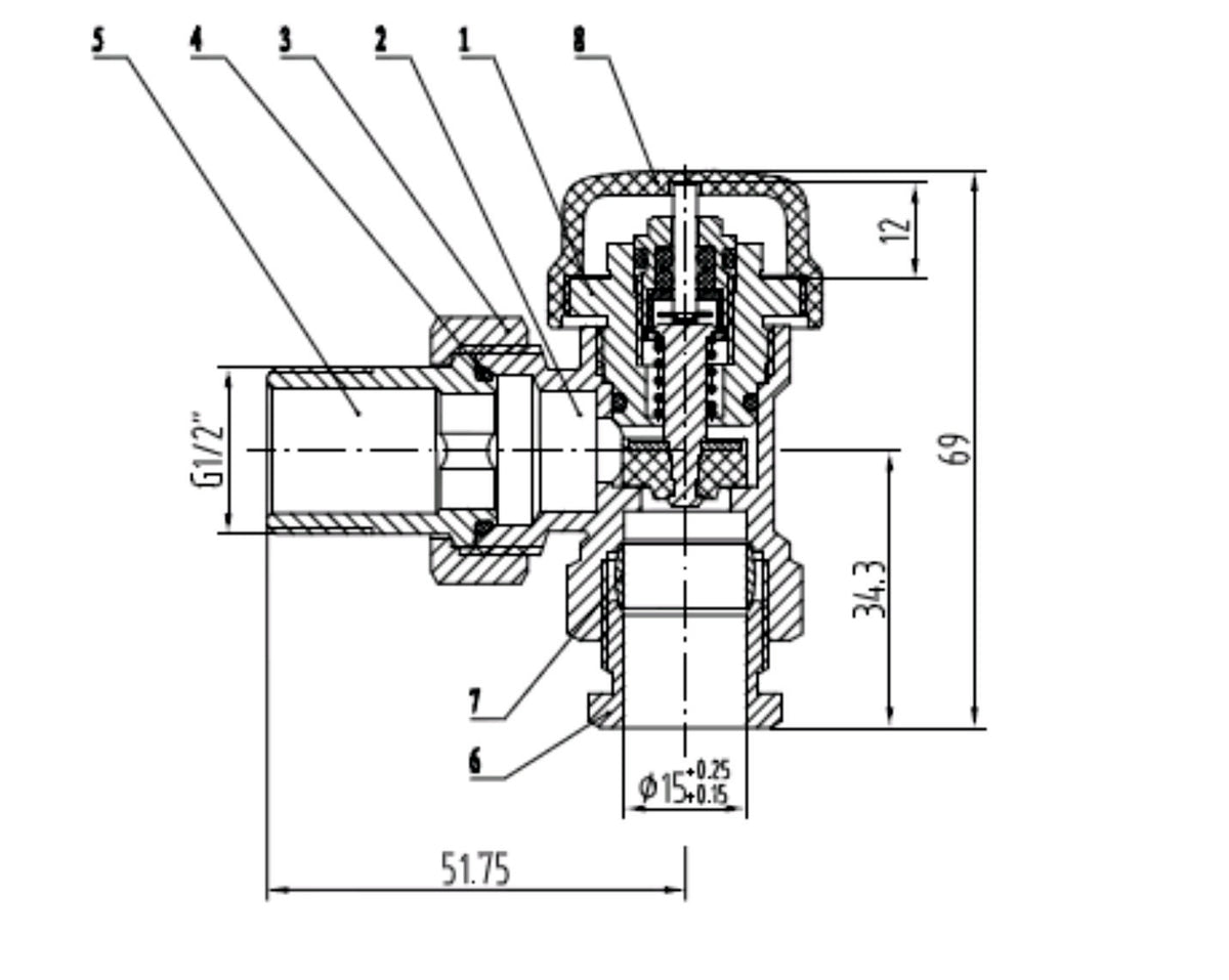 Lijntekening Thermostatisch ventiel zonder knop 1/2 haaks met adaptor