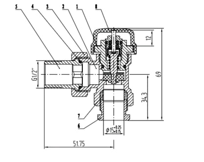 Lijntekening Thermostatisch ventiel zonder knop 1/2 haaks met adaptor