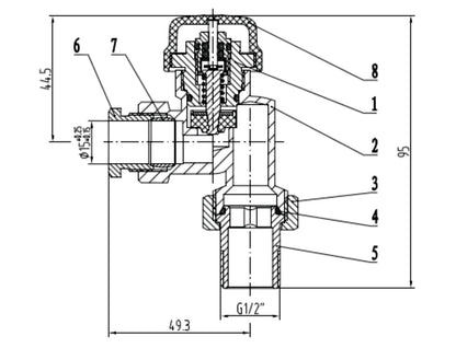 Lijntekening Thermostatisch ventiel zonder knop 1/2 inch axiaal met adaptor