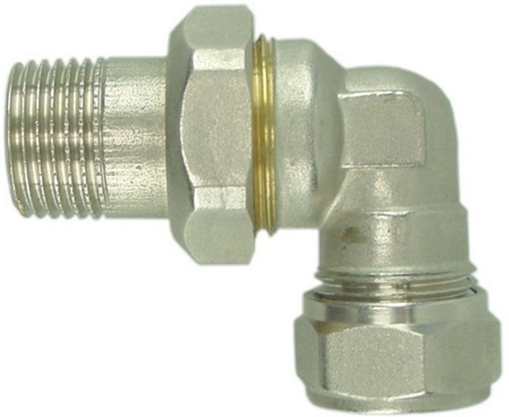 Radiatorkoppeling 3-delig 1/2x15 knel haaks vernikkeld