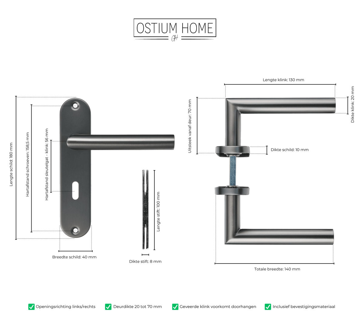 Maattekening van deurklink Silvano in gun metal met sleutelgat