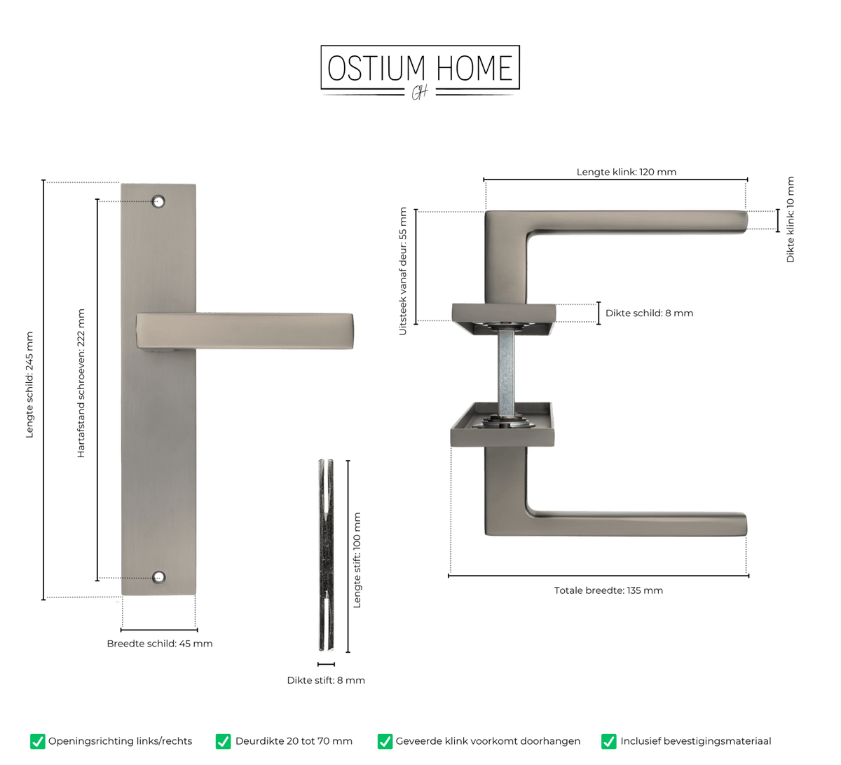 Maattekening van deurklink Fano in gun metal