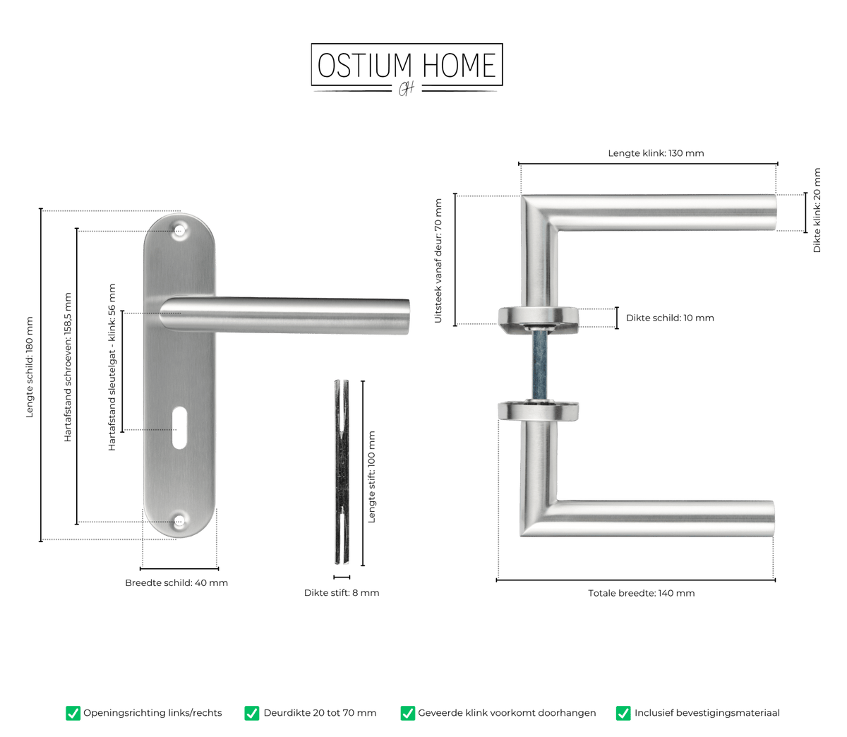 Maattekening van deurklink Rondo in RVS met sleutelgat