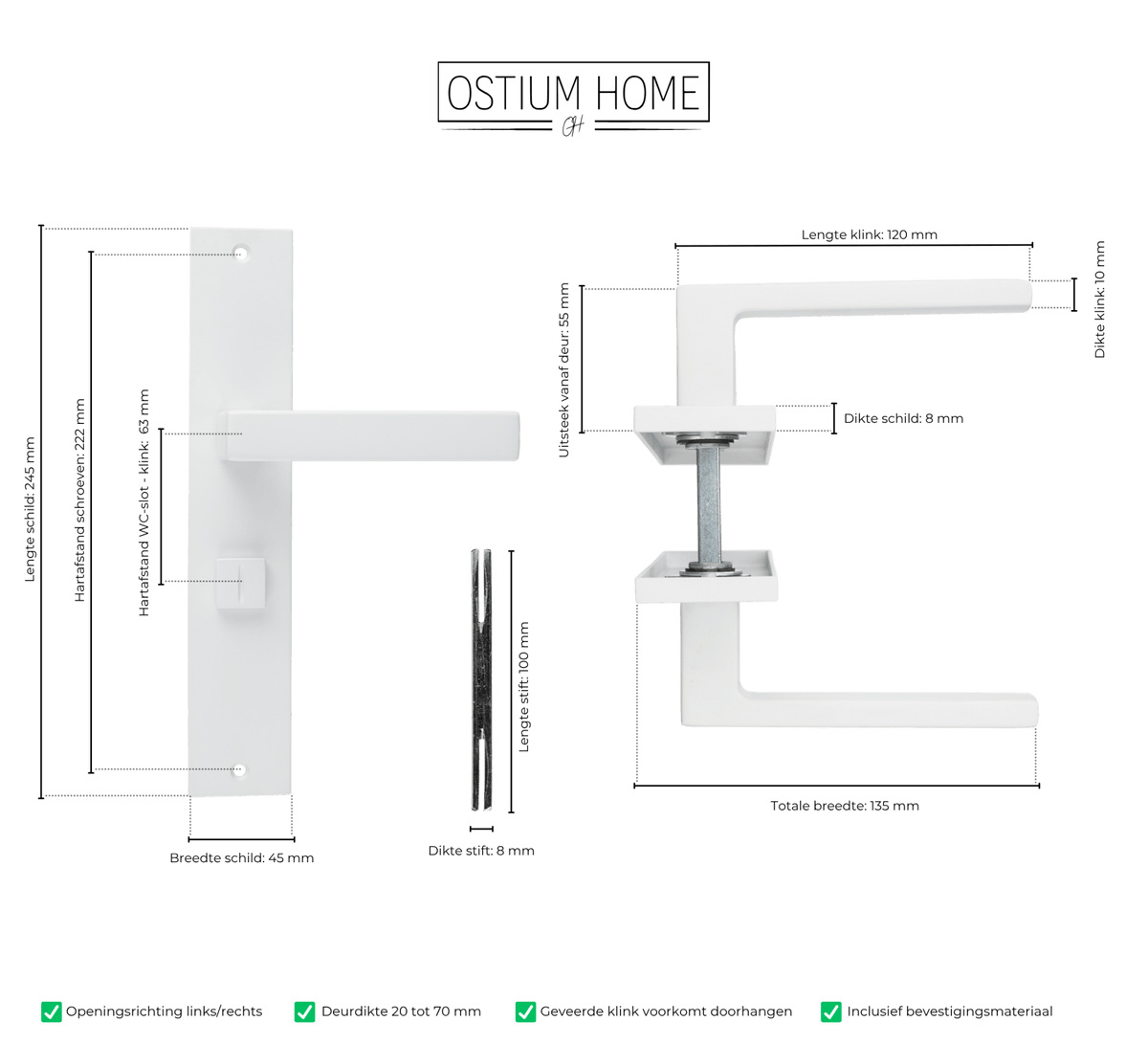 Maattekening van deurklink Lorto in wit met WC-sluiting 63 mm