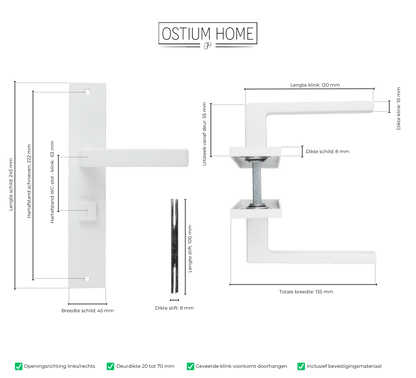 Maattekening van deurklink Lorto in wit met WC-sluiting 63 mm