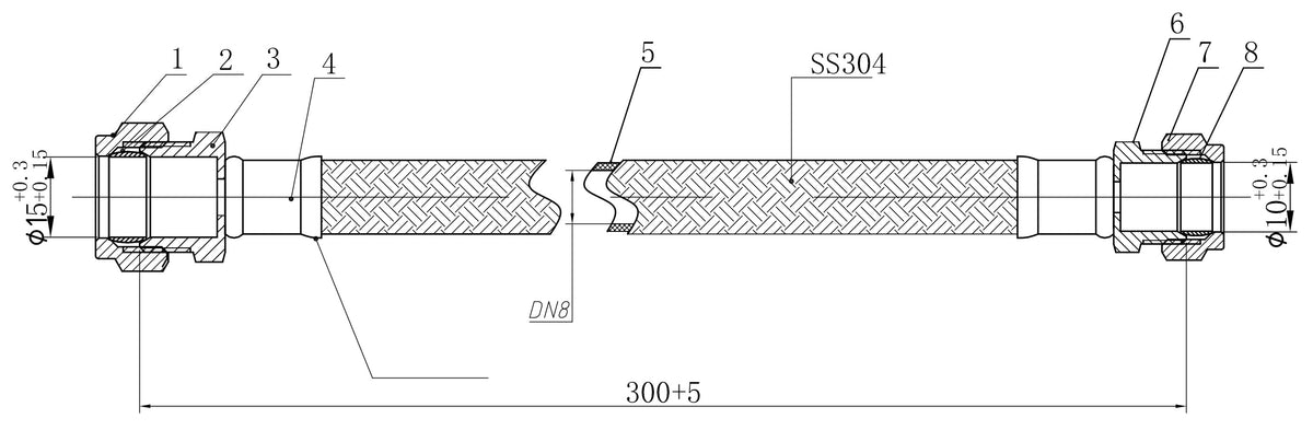 Lijntekening Flexibele aansluitslang KIWA 10mm knel x 15mm knel 30cm RVS