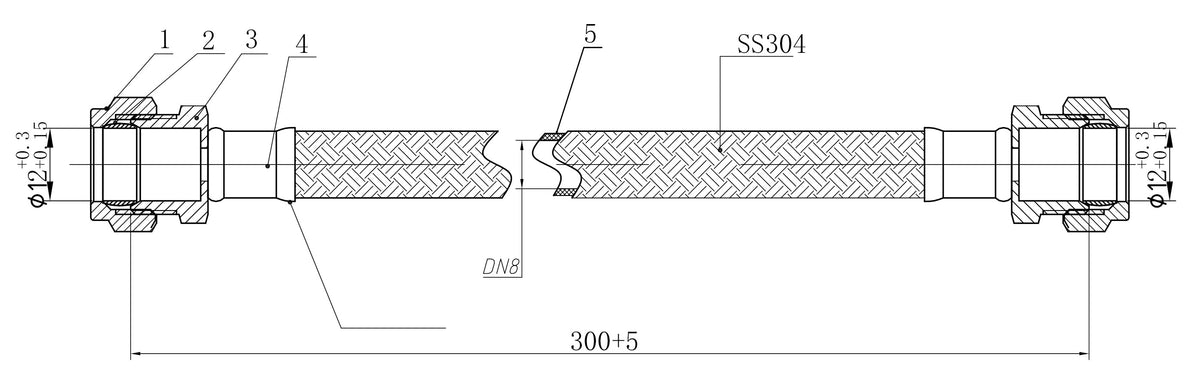 Lijntekening Flexibele aansluitslang KIWA 12mm knel x 12mm knel 30cm RVS