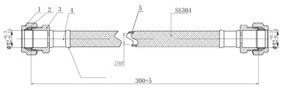Lijntekening Flexibele aansluitslang KIWA 12mm knel x 12mm knel 30cm RVS