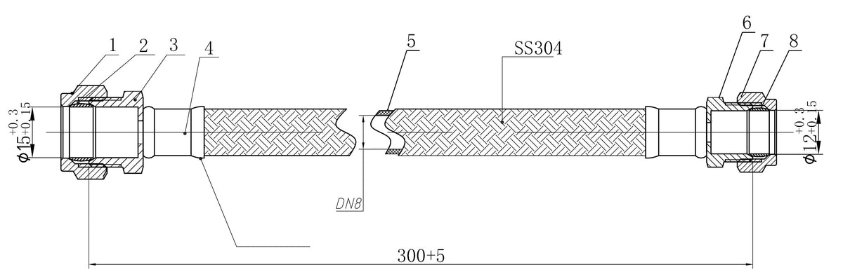 Lijntekening Flexibele aansluitslang 12mm knel x 15mm knel 30cm RVS