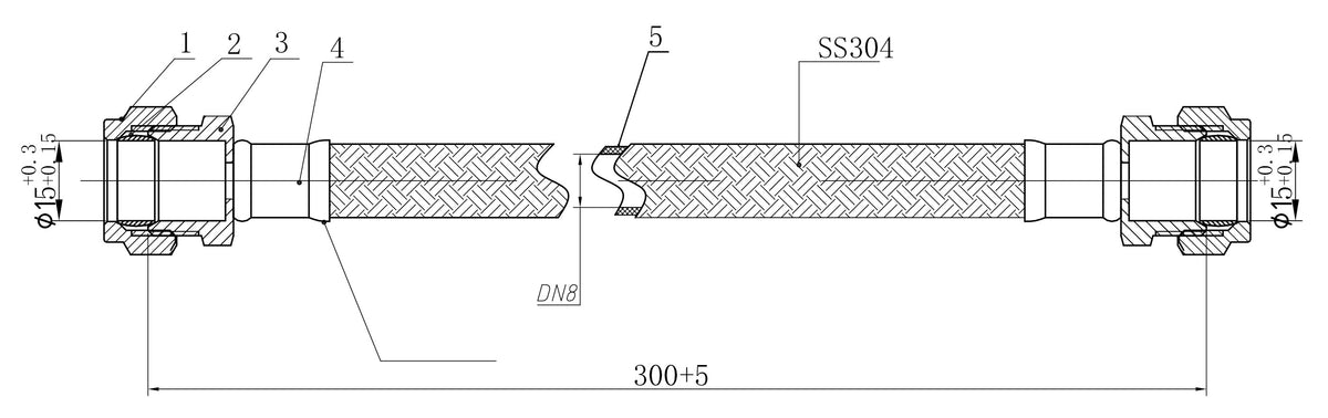 Lijntekening Flexibele aansluitslang KIWA 15mm knel x 15mm knel 30cm RVS