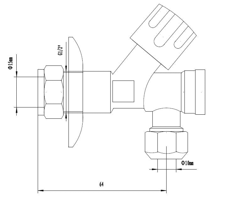 Lijntekening Hoekstopkraan met filter 1/2 inch of 15mm x 3/8 inch of knel 10mm chroom
