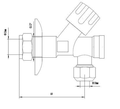 Lijntekening Hoekstopkraan met filter 1/2 inch of 15mm x 3/8 inch of knel 10mm chroom
