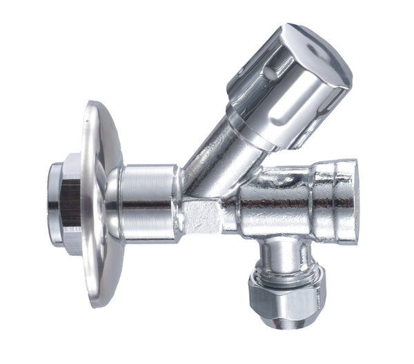 Llave de paso angular con filtro 1/2" o 15mm x 3/8" o compresión de 10mm cromada
