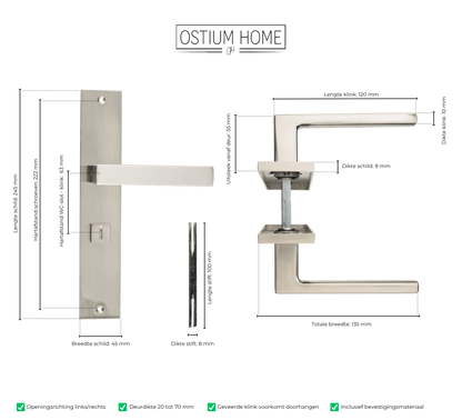 Maattekening van deurklink Grado in RVS met WC-sluiting 63 mm