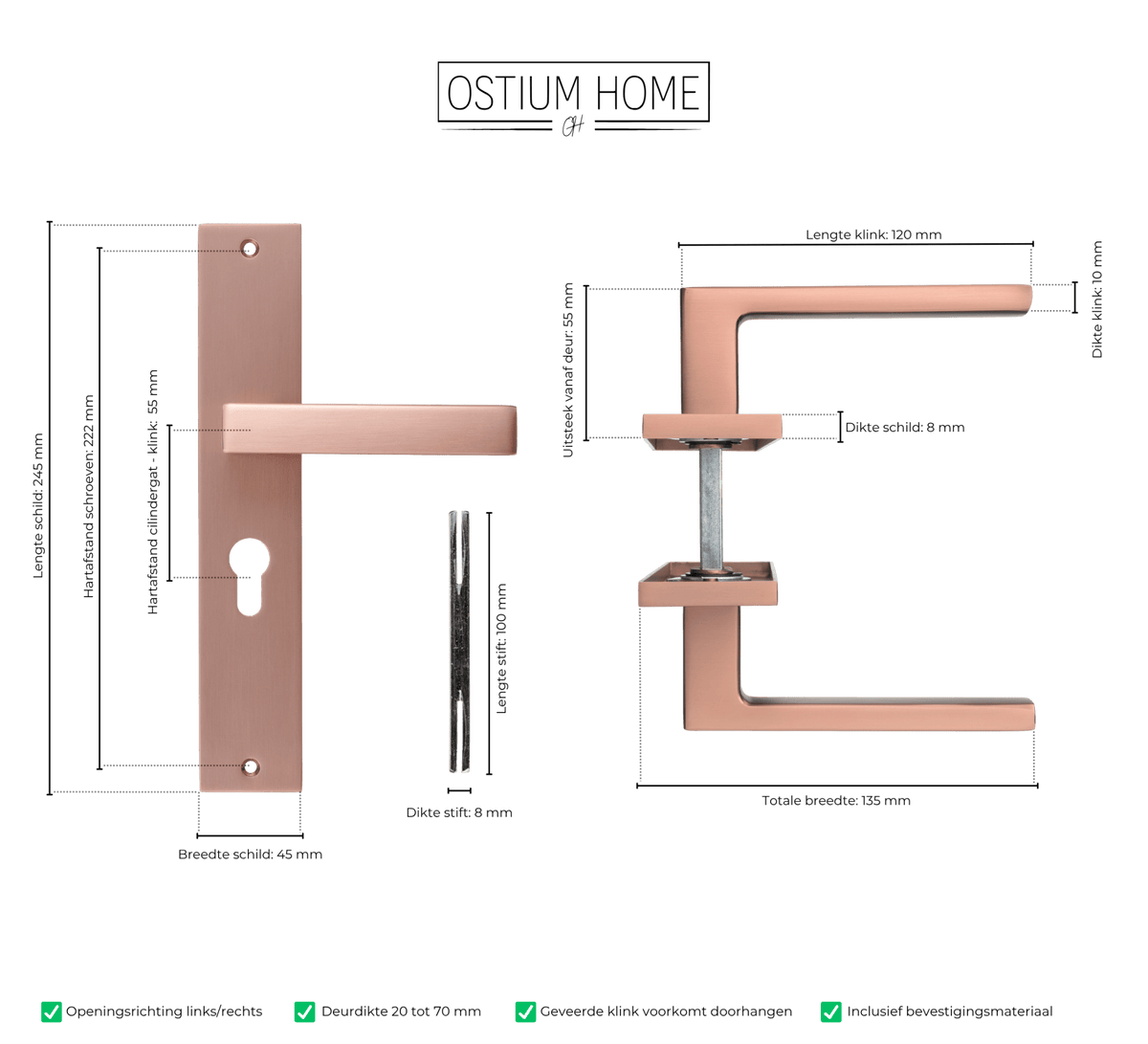 Maattekening van deurklink Collodi in koper met cilindergat 55 mm