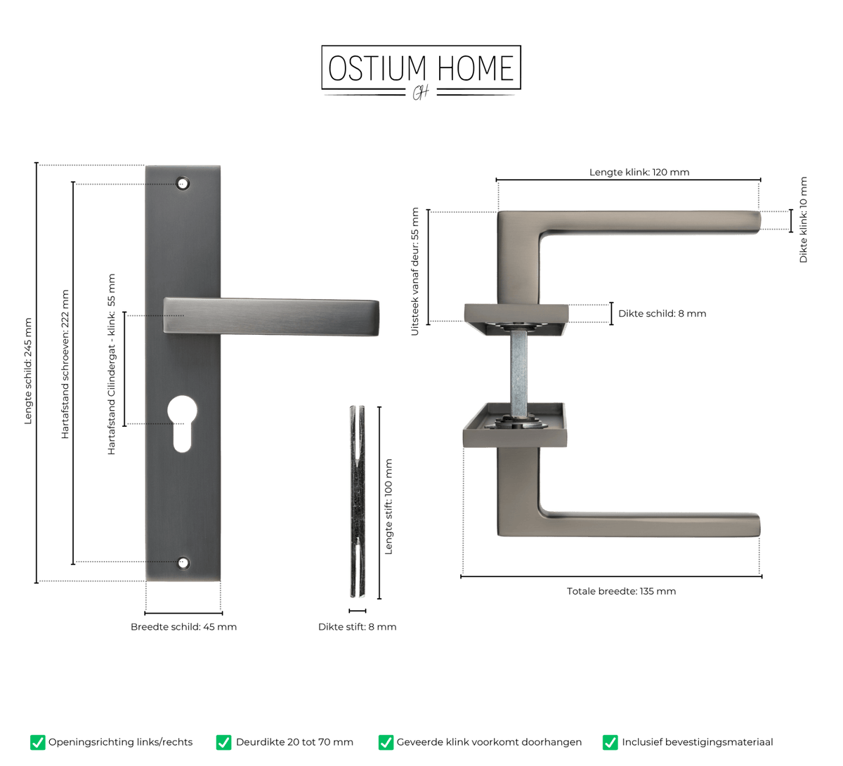 Maattekening van deurklink Fano in gun metal met cilindergat 55 mm