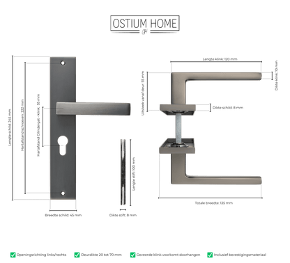 Maattekening van deurklink Fano in gun metal met cilindergat 55 mm