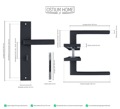 Maattekening van deurklink Veneto in zwart met WC-sluiting 63 mm