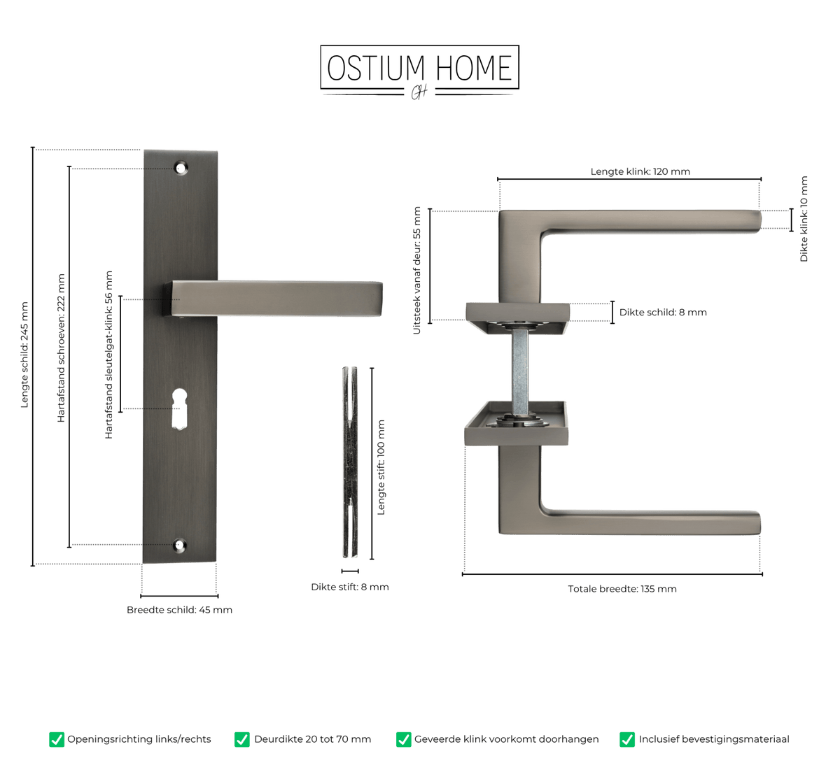Maattekening van deurklink Fano in gun metal met sleutelgat 56 mm