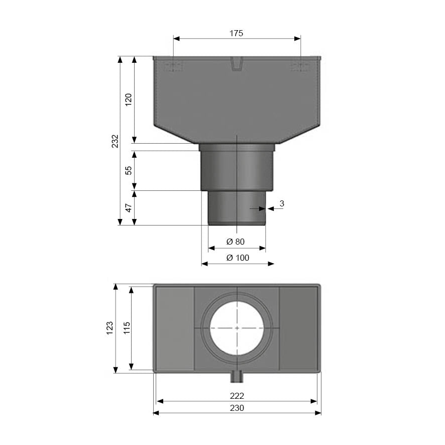 Lijntekening HWA vergaarbak 80/100mm PVC
